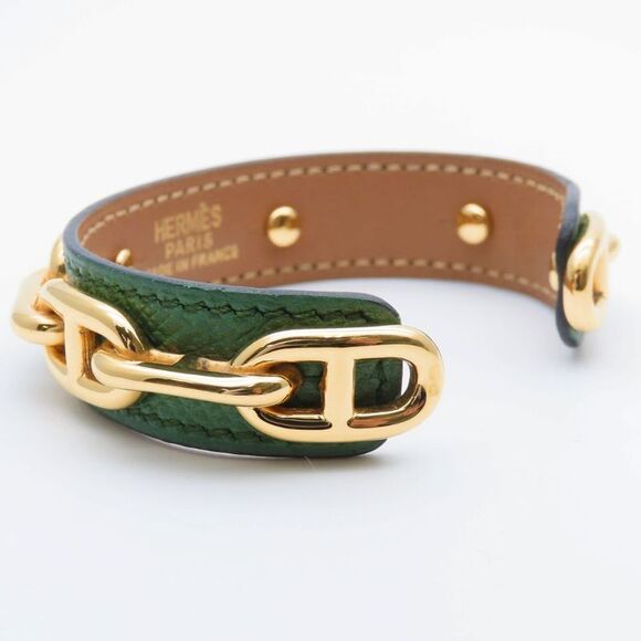 Hermes Bangle Chaine D'ancre Leather Metal Green Gold Plated GP Accessory - Picture 3 of 9